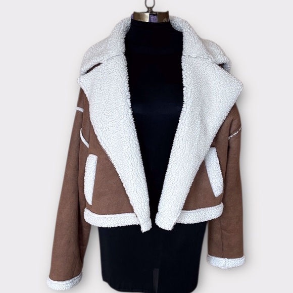 Cider Faux Shearling Brown and White Cropped Biker Teddy Jacket 1X - Picture 10 of 15